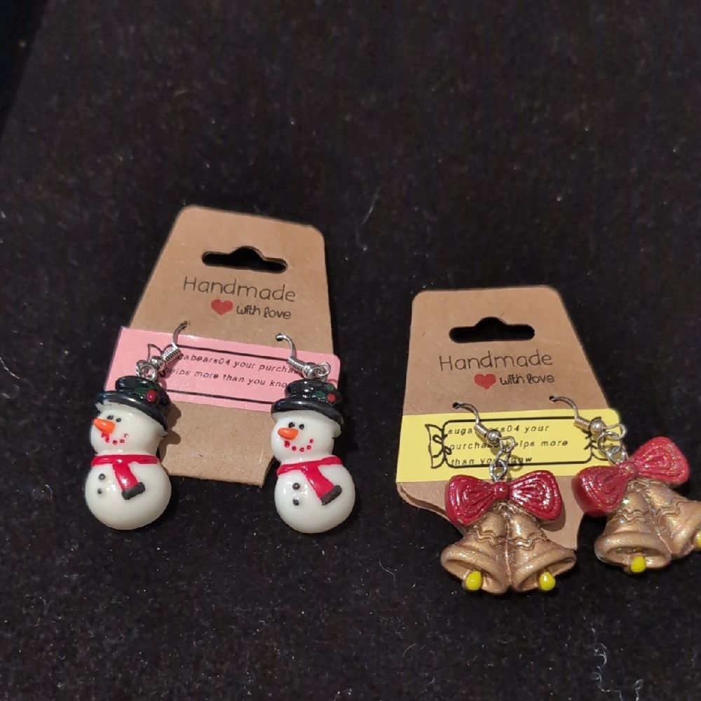 Handmade Snowman and Bell Earrings Set